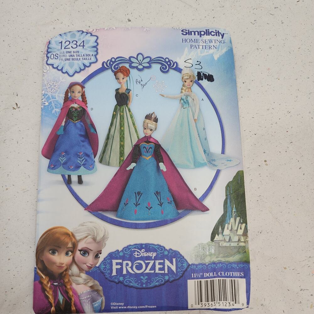 Simplicity 1234 Fashion Doll 11.5" Disney Frozen Sewing Pattern Uncut